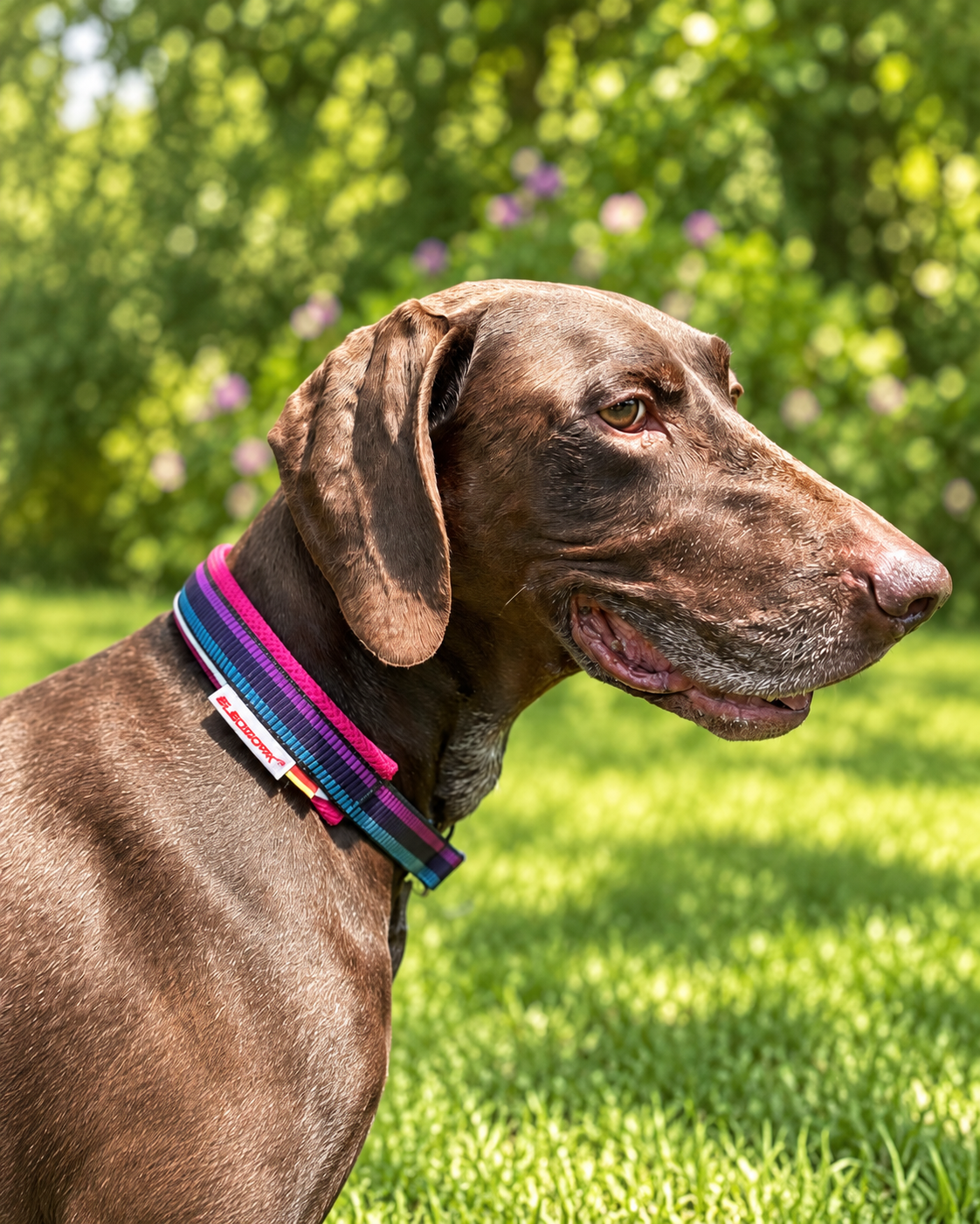 Brown dog with its whole head visible wearing a colourful SLEDWORK collar in a garden